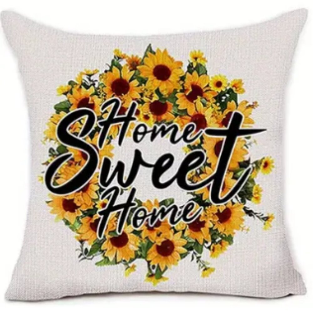 NEW FARMHOUSE SUNFLOWER FLORAL WREATH "HOME SWEET HOME" LINEN PILLOW COVER 17.7"